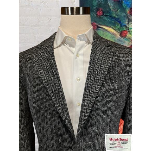 Harris Tweed x Jos A Bank 44R Black White Herringbone Sport Coat Blazer 3/2 Roll - Picture 4 of 14